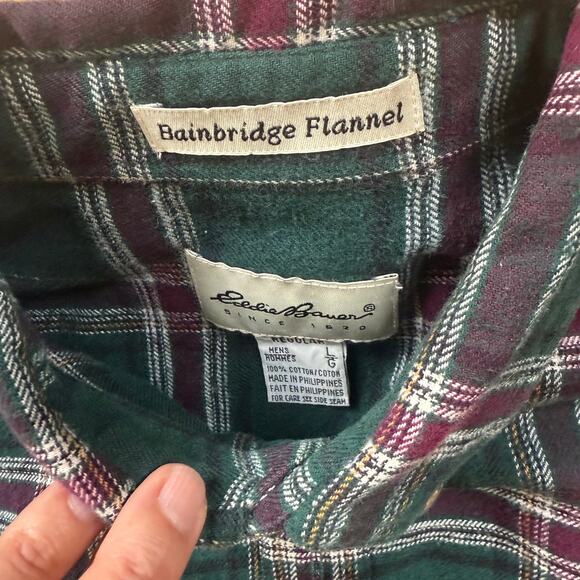 Eddie Bauer Brainbridge Flannel Shirt SZ L Fall Winter Work Cozy Green Purple - Picture 3 of 6